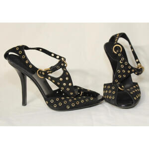 Gucci Black Suede High Heel Sandal w/ Gold Grommet Accent sz. 37